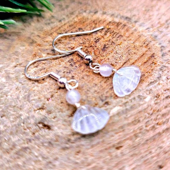 Beautiful Nature Moonstone Flashy Hand Carved Shell S925 Dangle Earring - Picture 6 of 10